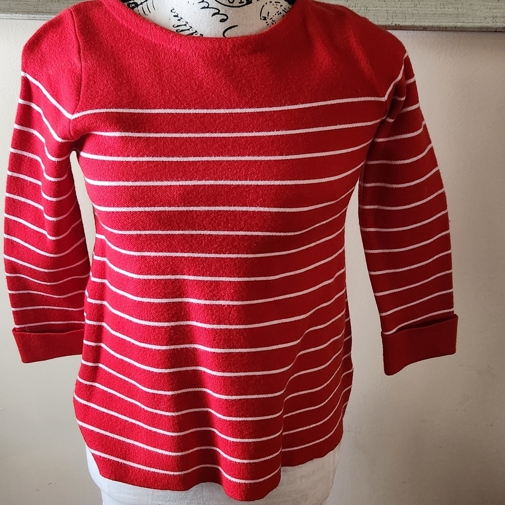 Tahari Red and White Striped Crew Neck Sweater